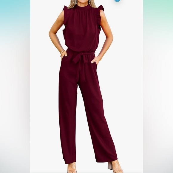 NWT Jumpsuit Sleeveless Ruffle Mock Neck Belt with Pockets Wide Leg Pants - Picture 1 of 7